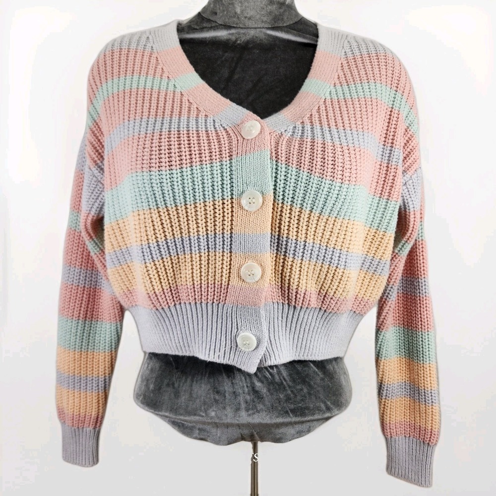 Jessica Simpson Cardigan Women's Small Pastel Rainbow Striped Cropped‎